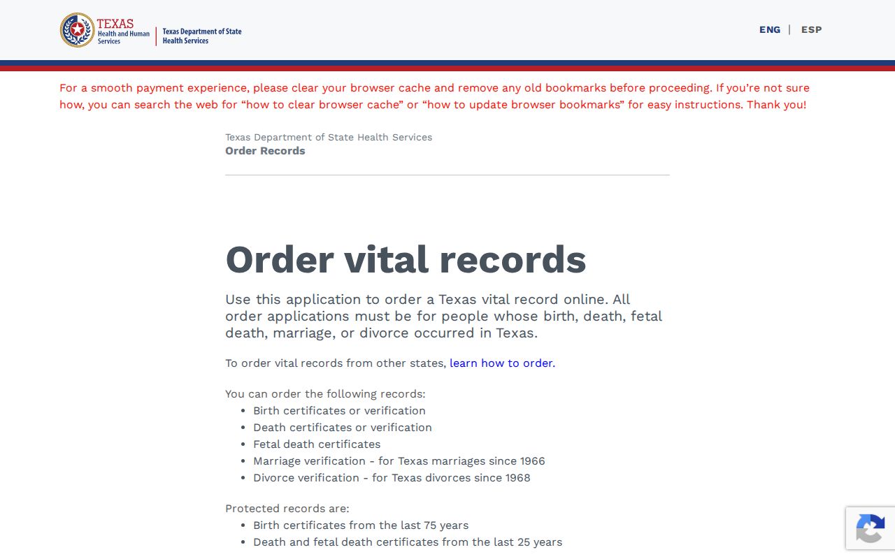 Rowlett resident lookup Texas DSHS vital records application screen